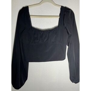 LA Hearts Y2K Style  Women Black Smocked Back Ruched Lace Trim Crop Top  Large